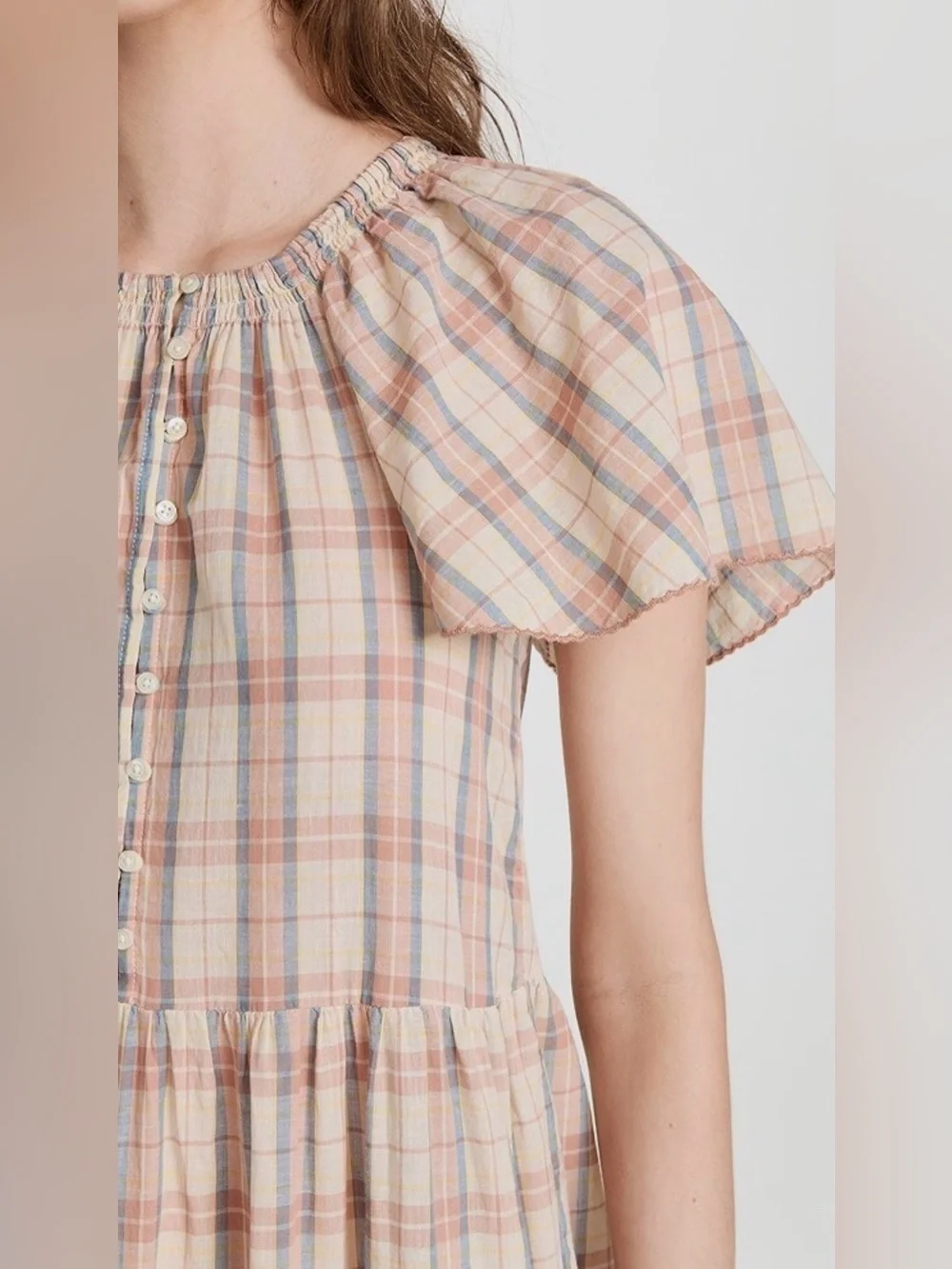 The Great. The Iris Dress Washed Rose Plaid Cotton Linen Tiered Midi Size Sz 1/S